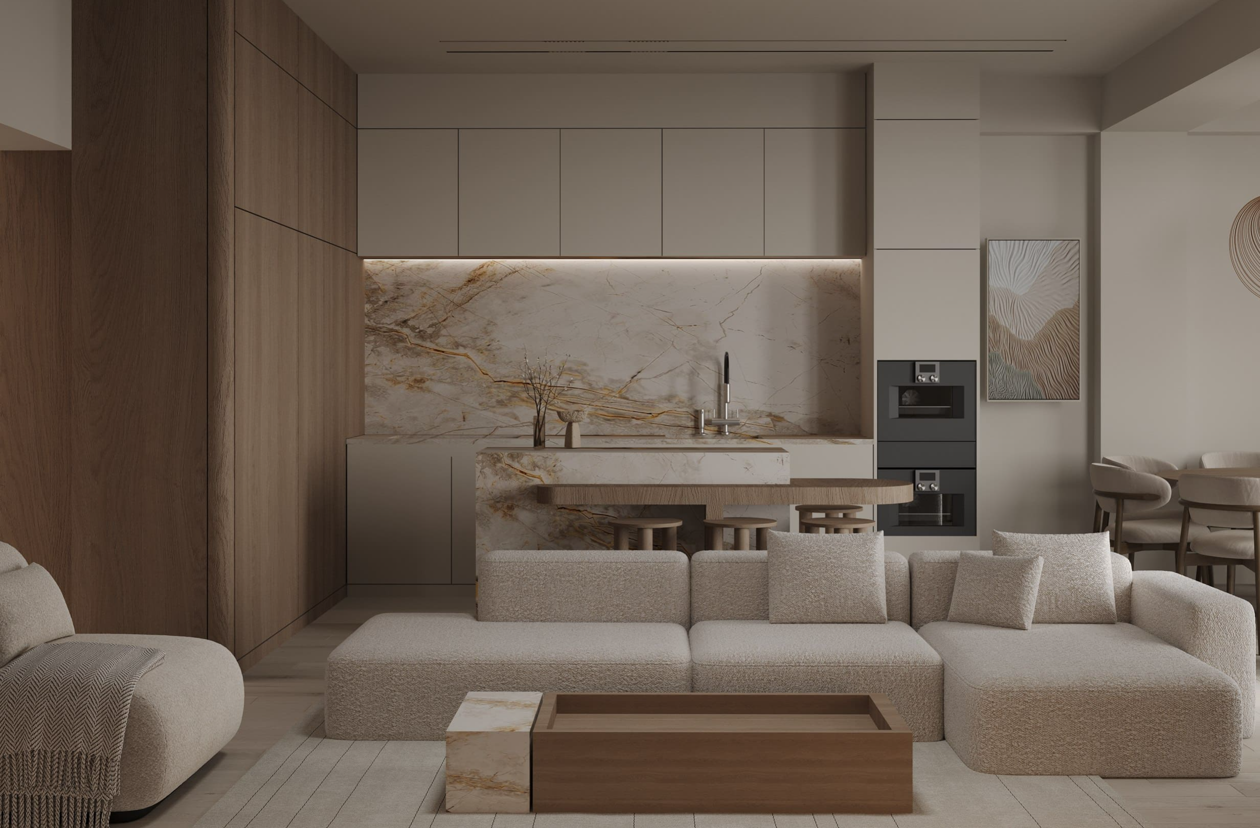 modern interior design with neutral tones and marble surfaces design