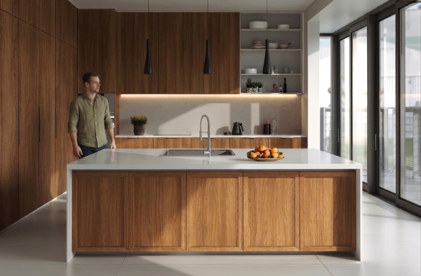 modern kitchen design with neutral tones and marble surfaces design