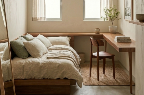 modern teen room with neutral tones and marble surfaces design