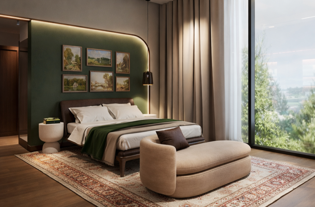 modern bedroom with neutral tones and marble surfaces design