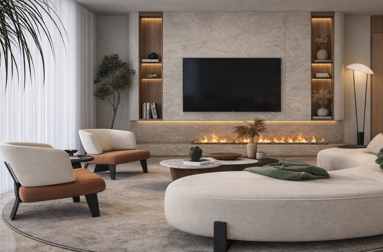 modern home design with neutral tones and marble surfaces design