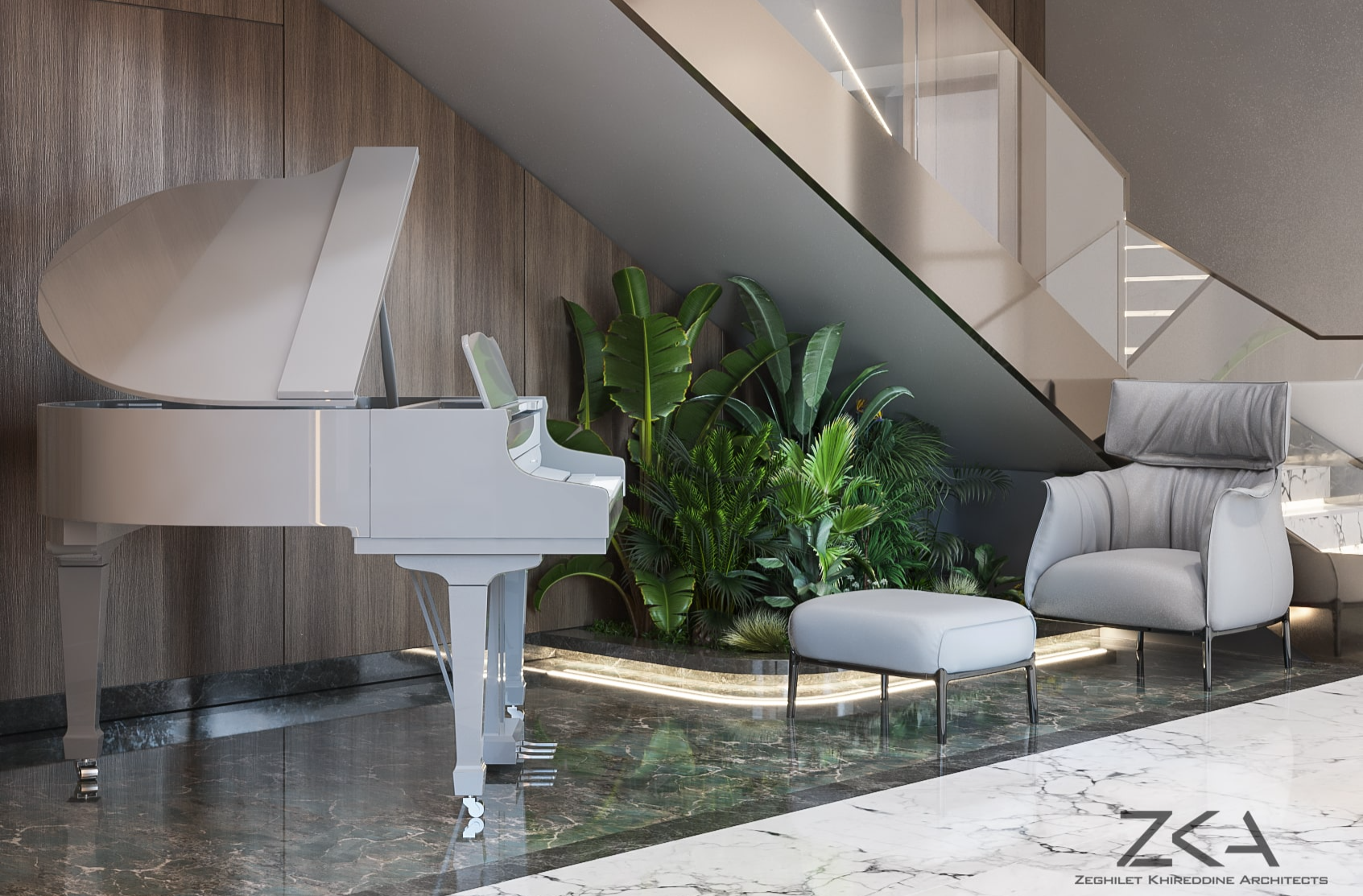 modern home design with neutral tones and marble surfaces design