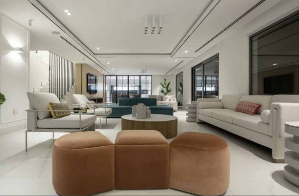 modern 2d design & drawings with neutral tones and marble surfaces design